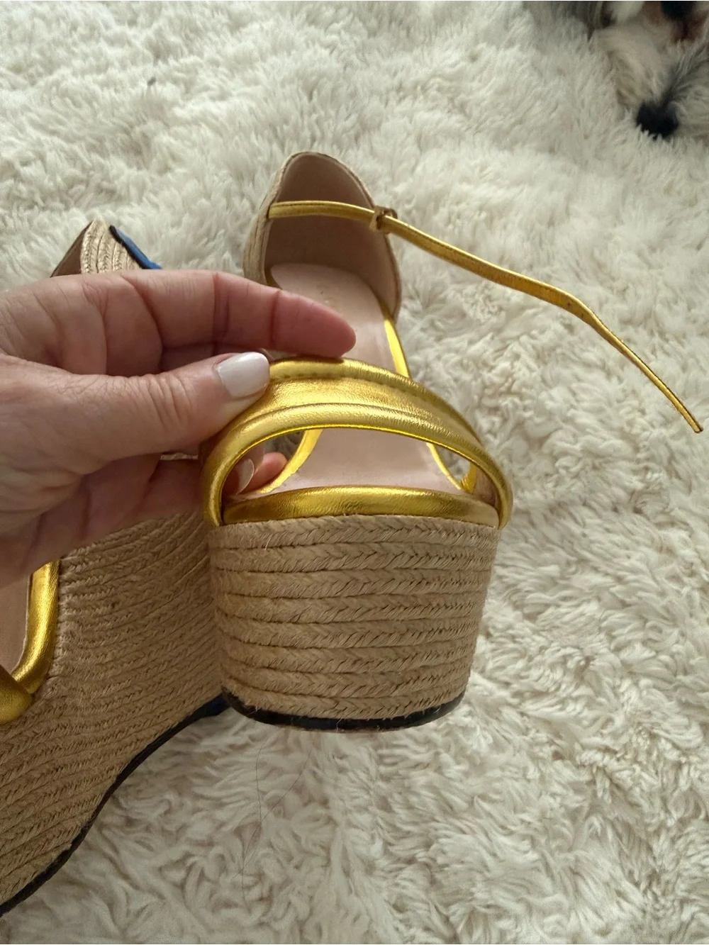 Gucci Metallic Gold Leather High Wedge Espadrille Sandals ; size 37 EUC - Picture 10 of 13